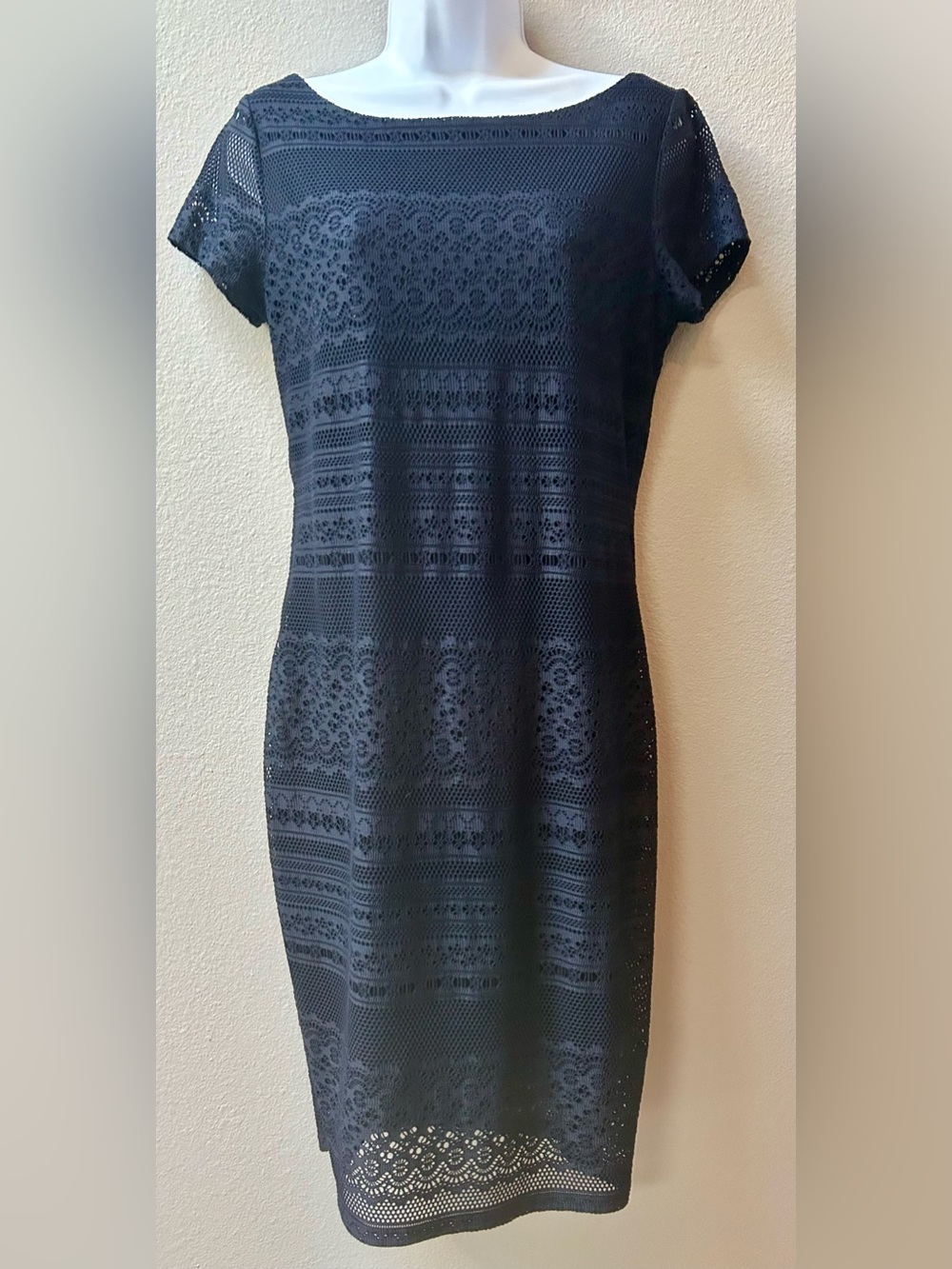 Banana Republic Navy Lace Crochet Sheath Dress Stretch Lined Size Small
